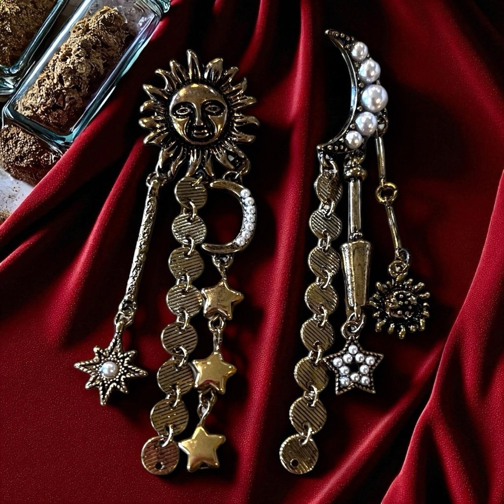 Boho Celestial Charm Earrings - Bronze and Faux Pearls Bohemian Boho Celestial
